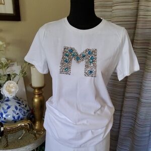 White T-Shirt with Beaded 'M' Design